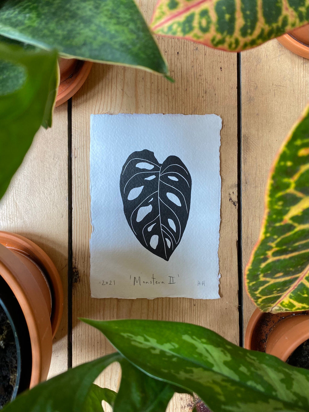 Set of 3 Monstera Leaf Original A6 Lino Prints