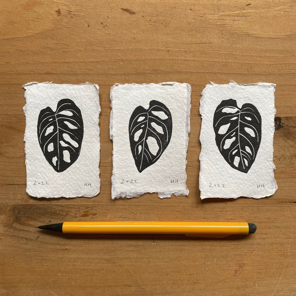 Set of 3 Mini Monstera Leaf A8 Lino Prints
