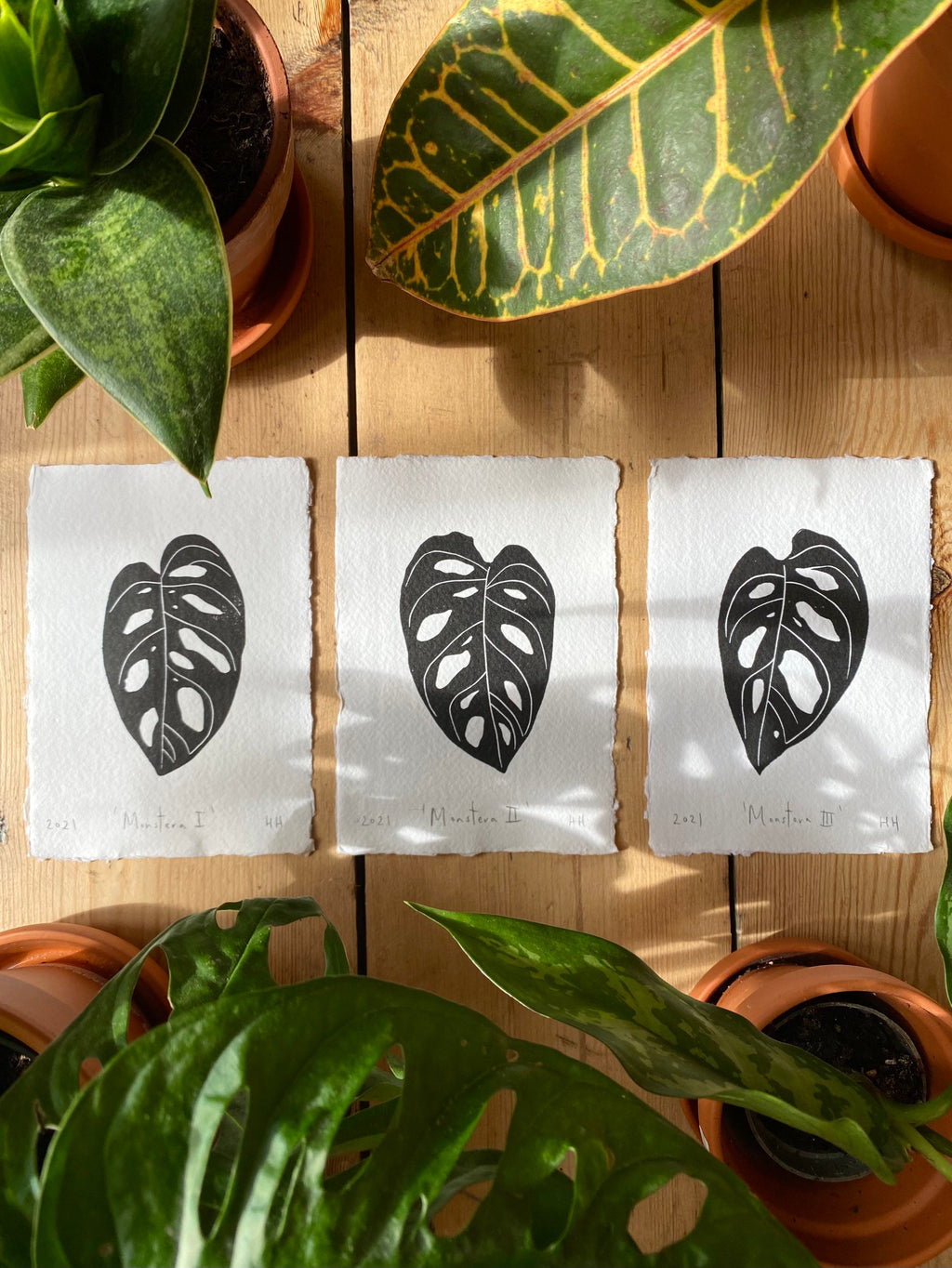 Set of 3 Monstera Leaf Original A6 Lino Prints