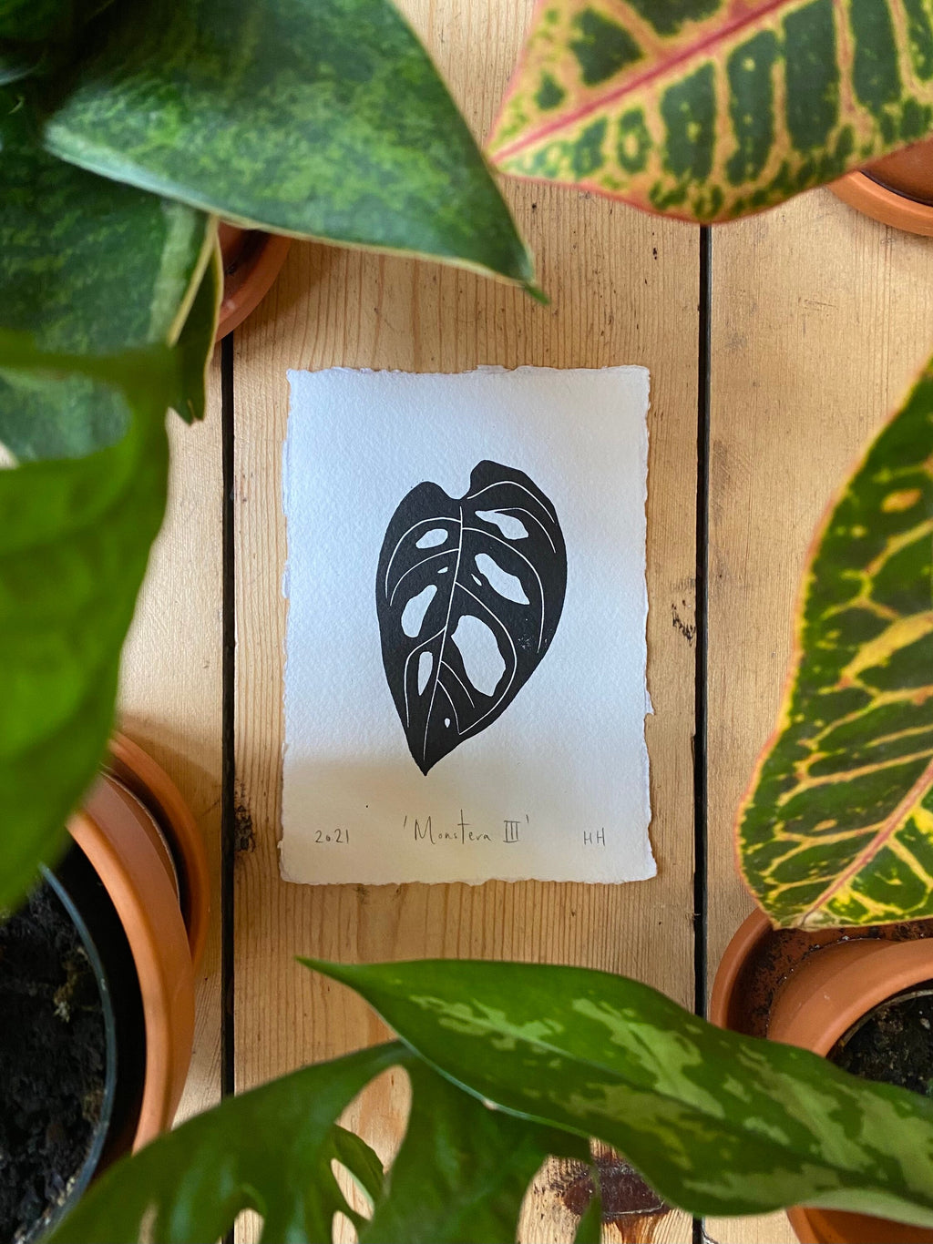 Set of 3 Monstera Leaf Original A6 Lino Prints
