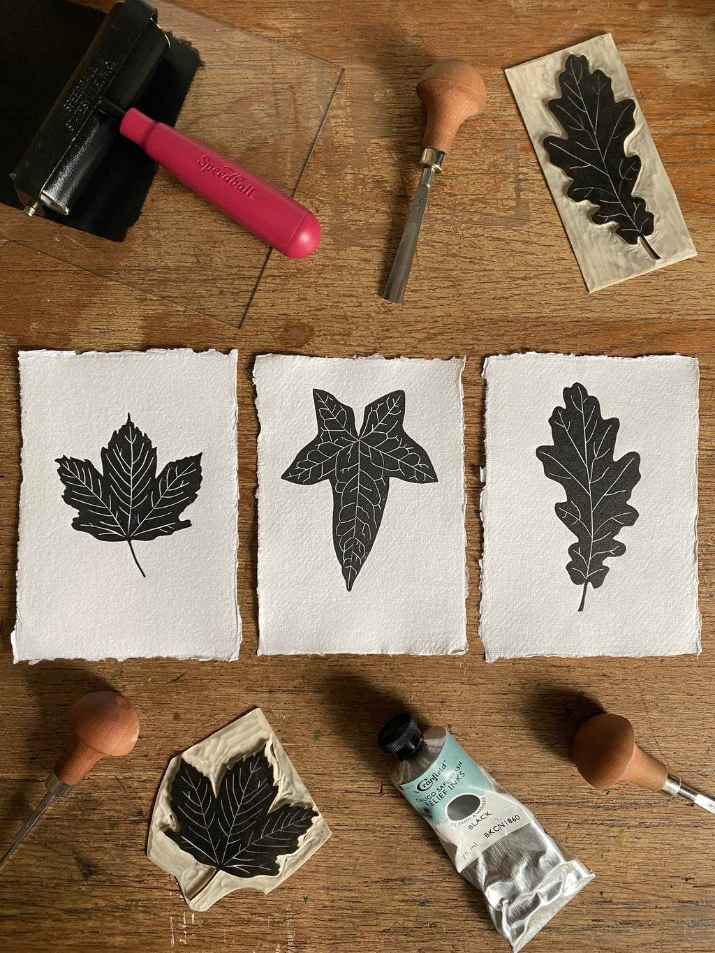 Set of 3 Autumn Leaf A6 Lino Prints