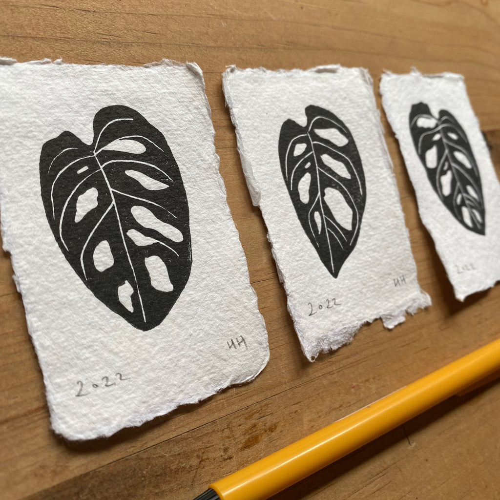 Set of 3 Mini Monstera Leaf A8 Lino Prints